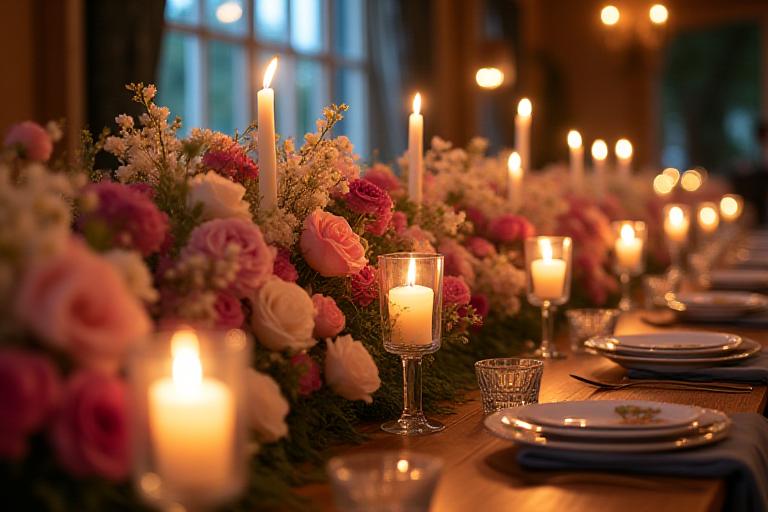 Lungo centrotavola floreale per un evento, con rose, lisianthus e candele su un tavolo rustico
