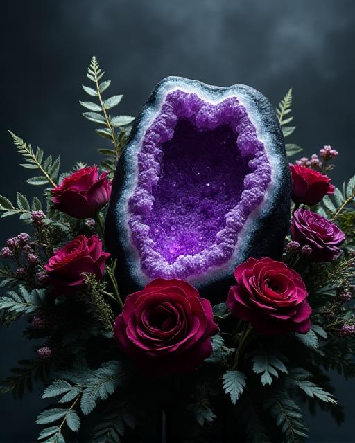 Composizione floreale oscura con al centro una drusa di ametista viola, rose scure e foglie di felce