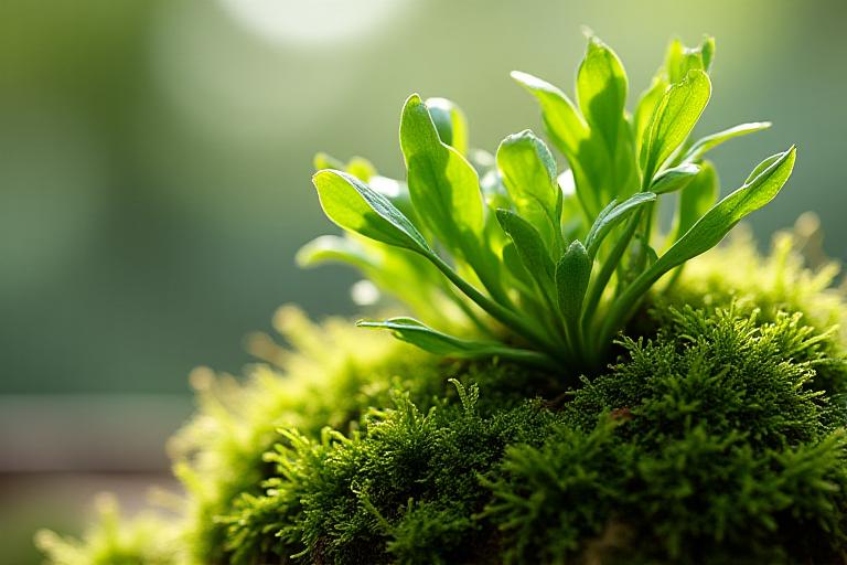 Primo piano di un kokedama con muschio verde vivido e foglie esotiche a raggiera