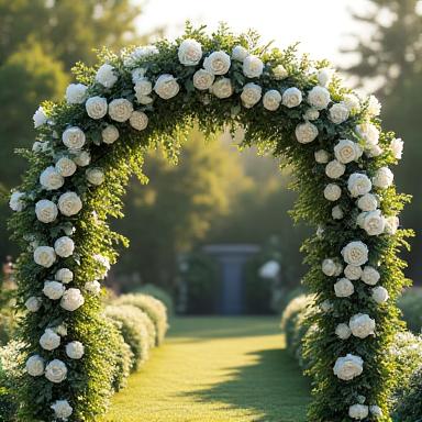 Arco floreale per matrimonio con rose bianche e fogliame verde