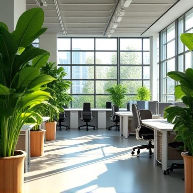 Ufficio moderno con grandi piante da interno e luce naturale