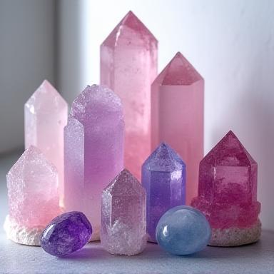 Collezione di cristalli di quarzo rosa, ametista e celestina in esposizione